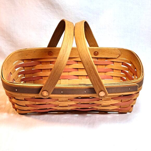 Henn Workshops Basket Dated 2003 Handled 11.5" Oblong Brown Red Blue w Stars Vtg - Picture 2 of 10
